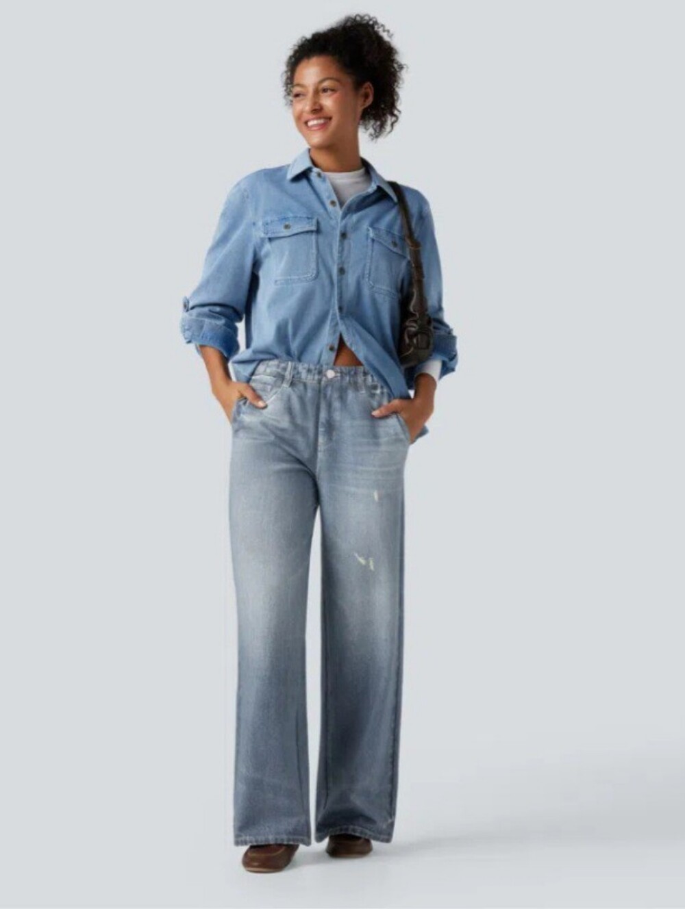HALARA Mid Rise Denim Print French Terry Casual Sweatpants Jeans - Picture 6 of 10